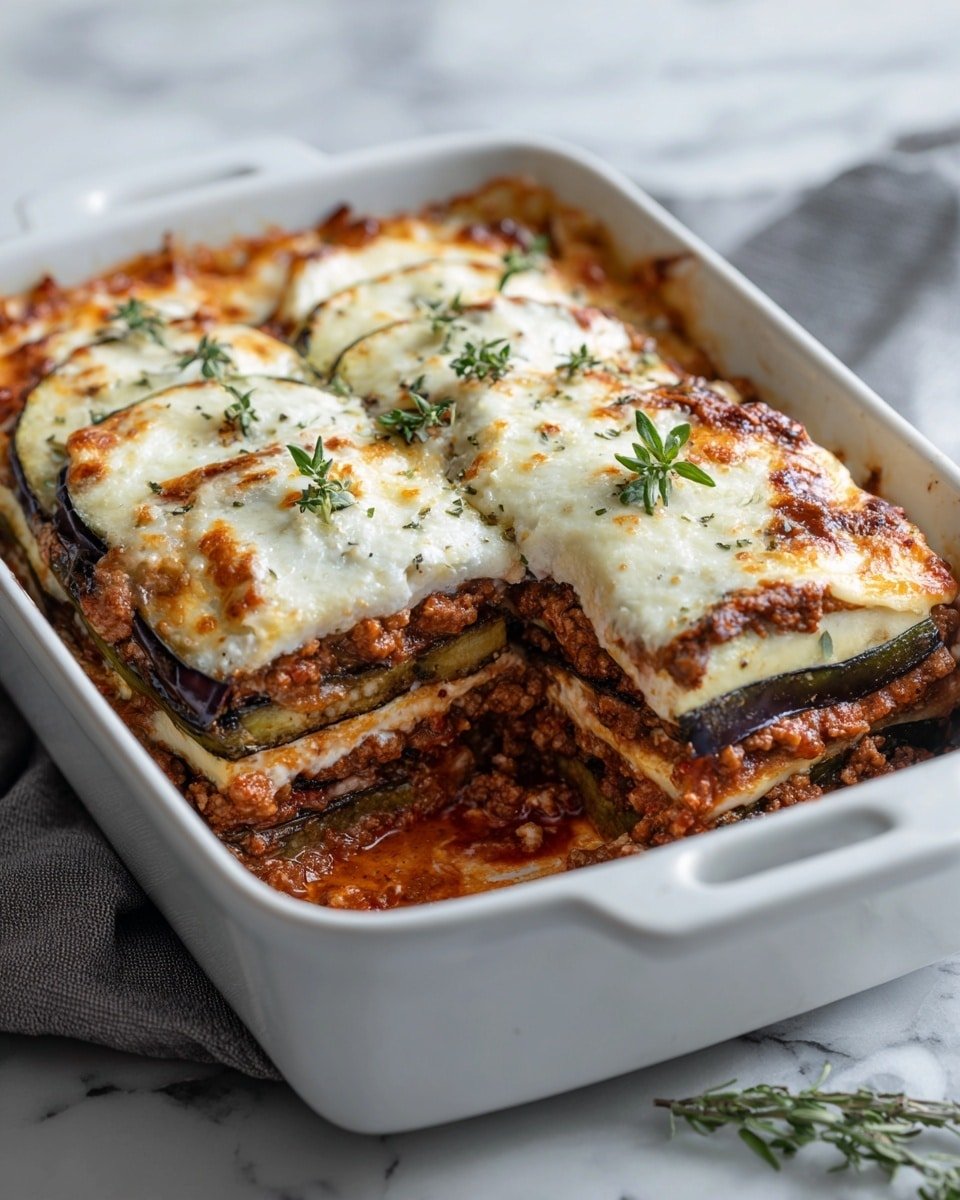 Classic Greek Eggplant Moussaka Recipe - Recipe Image — Greek Eggplant Moussaka, authentic Greek moussaka, hearty Mediterranean dinner, eggplant casserole, savory baked eggplant dish