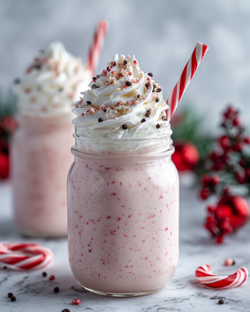 Candy Cane Milkshakes Recipe - Recipe Image — Candy Cane Milkshakes, festive peppermint milkshake, Christmas dessert drinks, holiday milkshake recipes, easy peppermint milkshake
