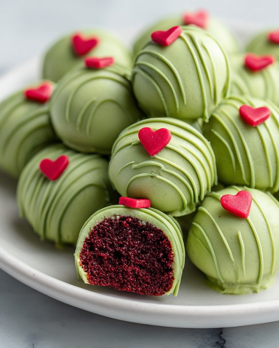 Grinch Red Velvet Oreo Balls Recipe - Recipe Image — Grinch Red Velvet Oreo Balls, festive holiday treats, Christmas dessert ideas, green coating Oreo balls, easy holiday sweet recipes