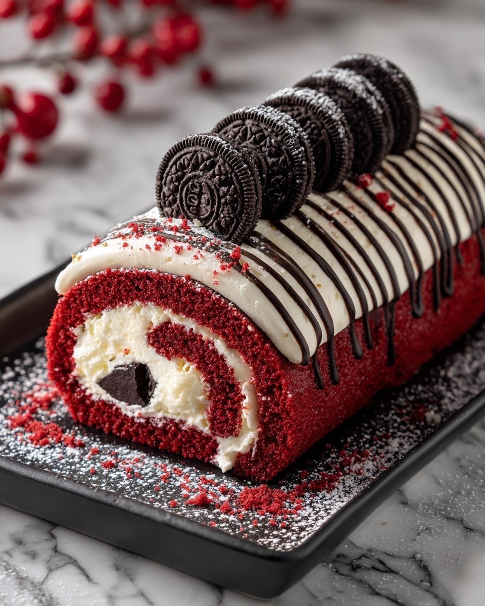 Red Velvet Cake Roll with Cream Cheese Filling Recipe - Recipe Image — Red Velvet Cake Roll with Cream Cheese Filling, festive Red Velvet cake, homemade cake roll recipes, easy Christmas dessert, elegant cream cheese-filled cake