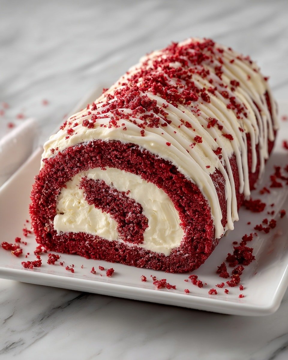 Red Velvet Cake Roll with Cream Cheese Filling Recipe - Recipe Image — Red Velvet Cake Roll with Cream Cheese Filling, festive Red Velvet cake, homemade cake roll recipes, easy Christmas dessert, elegant cream cheese-filled cake