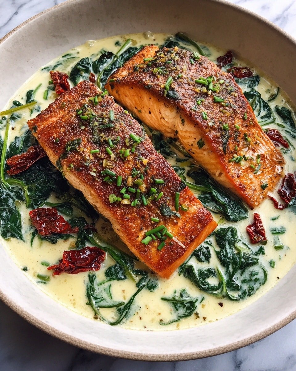 Creamy Tuscan Salmon Recipe - Recipe Image — Creamy Tuscan Salmon, Creamy Tuscan Salmon recipe, Tuscan salmon dish, easy salmon dinner, 30-minute salmon meal