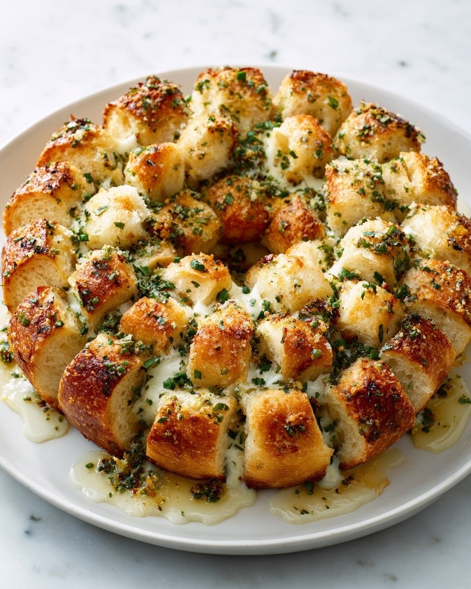 Pull Apart Garlic Bread Wreath Recipe - Recipe Image — Pull Apart Garlic Bread Wreath, garlic bread appetizer, cheesy garlic pull apart bread, festive bread wreath, easy garlic bread recipe