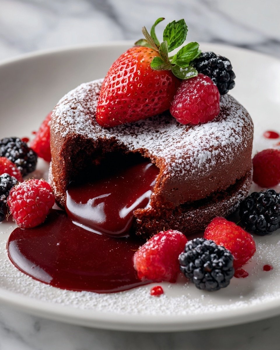 The image shows a white plate with a rich red velvet lava cake as the main focus. The cake has two layers: the outer layer is a deep red, soft and spongy cake dusted with powdered sugar, and the inner layer is smooth, shiny red liquid lava flowing out from the center. On the left side of the cake, there is a scoop of creamy vanilla ice cream topped with a small sprig of bright green mint. Around the cake and ice cream, there are fresh fruit slices including a white-fleshed strawberry, a whole blueberry with a light dusting of sugar, and some red berry pieces. All this is placed on a white marbled textured surface. photo taken with an iphone --ar 4:5 --v 7 — Red Velvet Molten Lava Cake, red velvet molten cake, molten lava cake recipe, Valentine’s Day dessert, easy molten lava cake