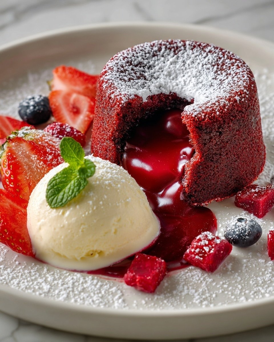 A rich, round red chocolate cake with a molten center flowing out in dark red sauce. The cake is dusted with white powdered sugar that contrasts with the dark red color. Around the cake on a white plate, there are fresh berries including a red strawberry with green leaves, blackberries, and red raspberries adding bright pops of color. The background is a white marbled texture. Photo taken with an iphone --ar 4:5 --v 7 — Red Velvet Molten Lava Cake, red velvet molten cake, molten lava cake recipe, Valentine’s Day dessert, easy molten lava cake