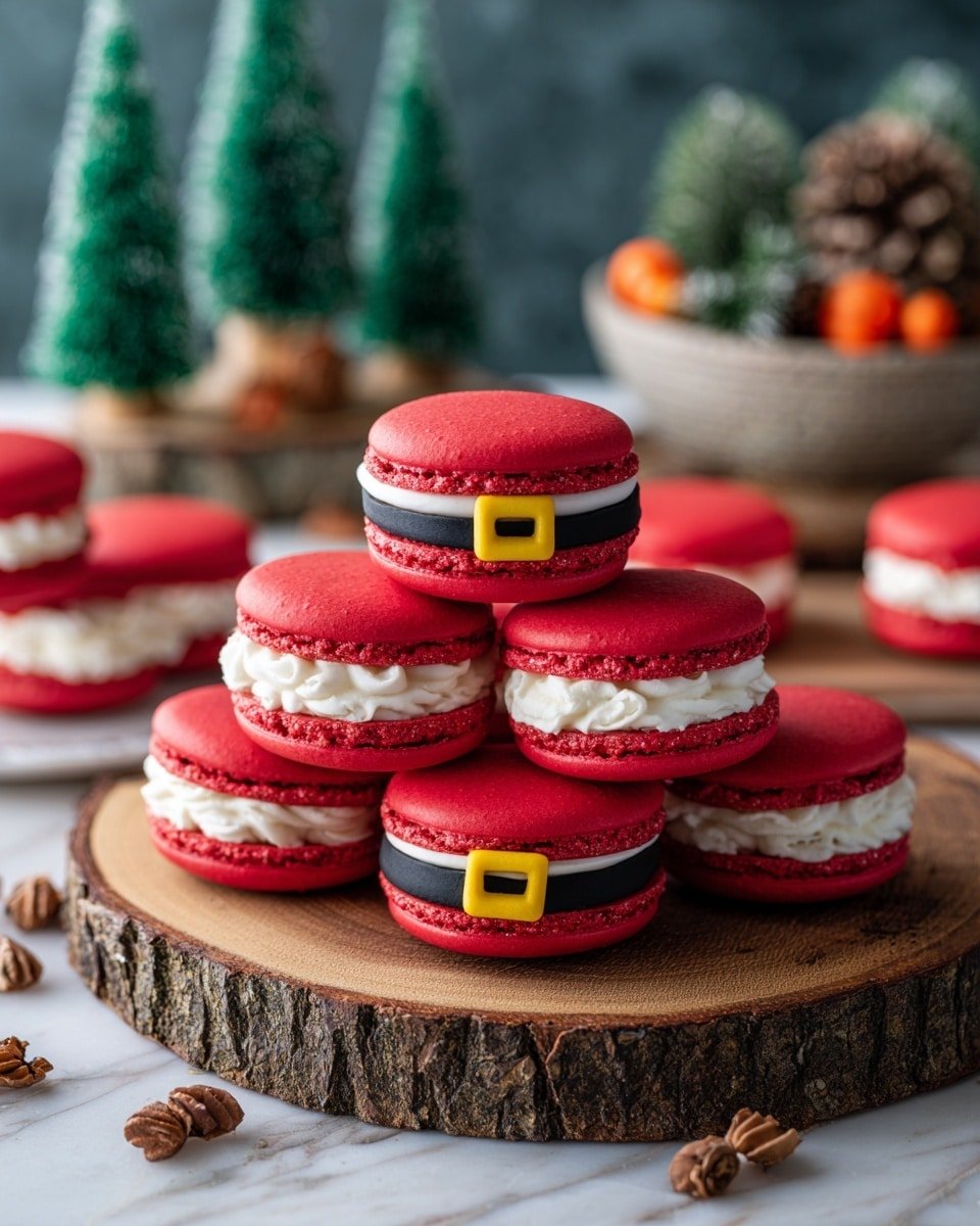 The image shows many red macarons stacked on a wooden round board and spread around it. Each macaron has two smooth red shells with a thick white filling in the middle. On top of each macaron, there is a black decoration resembling a belt running from side to side, with a small yellow square buckle placed in the center. The background has small green decorative trees and a white marbled texture surface. The macarons are arranged closely together, showing a festive and neat appearance. Photo taken with an iphone --ar 4:5 --v 7 — Santa Claus Macarons, Christmas macarons, holiday treats, festive macarons, Santa belt cookies