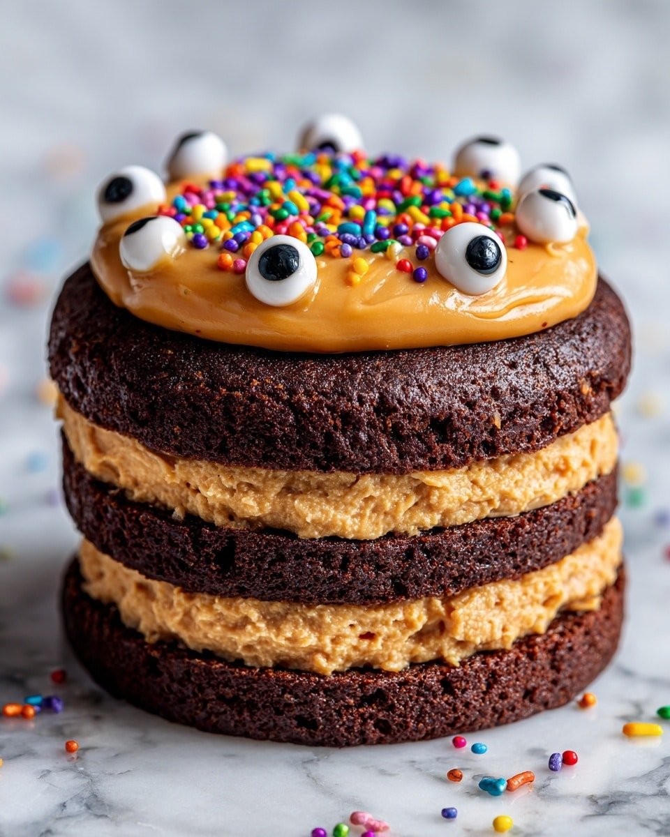 Devil's Food Chocolate Peanut Butter Whoopie Recipe - Recipe Image — Devil's Food Chocolate Peanut Butter Whoopie, chocolate peanut butter whoopie pies, rich chocolate cake with peanut butter filling, easy indulgent dessert recipes, homemade whoopie pie ideas