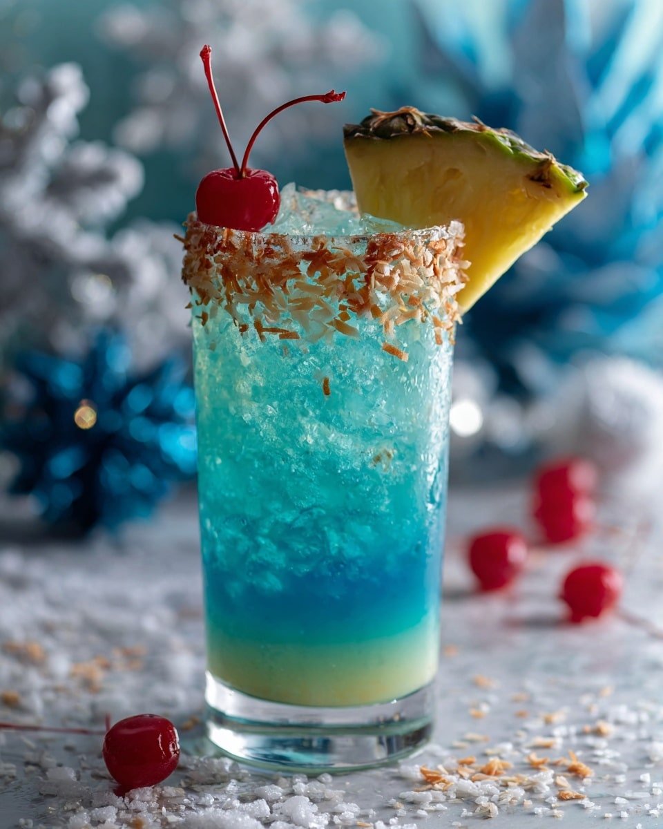 Jack Frost Cocktail Recipe - Recipe Image — Jack Frost Cocktail, tropical blue cocktail, coconut pineapple drink, winter party cocktails, vibrant blue drink
