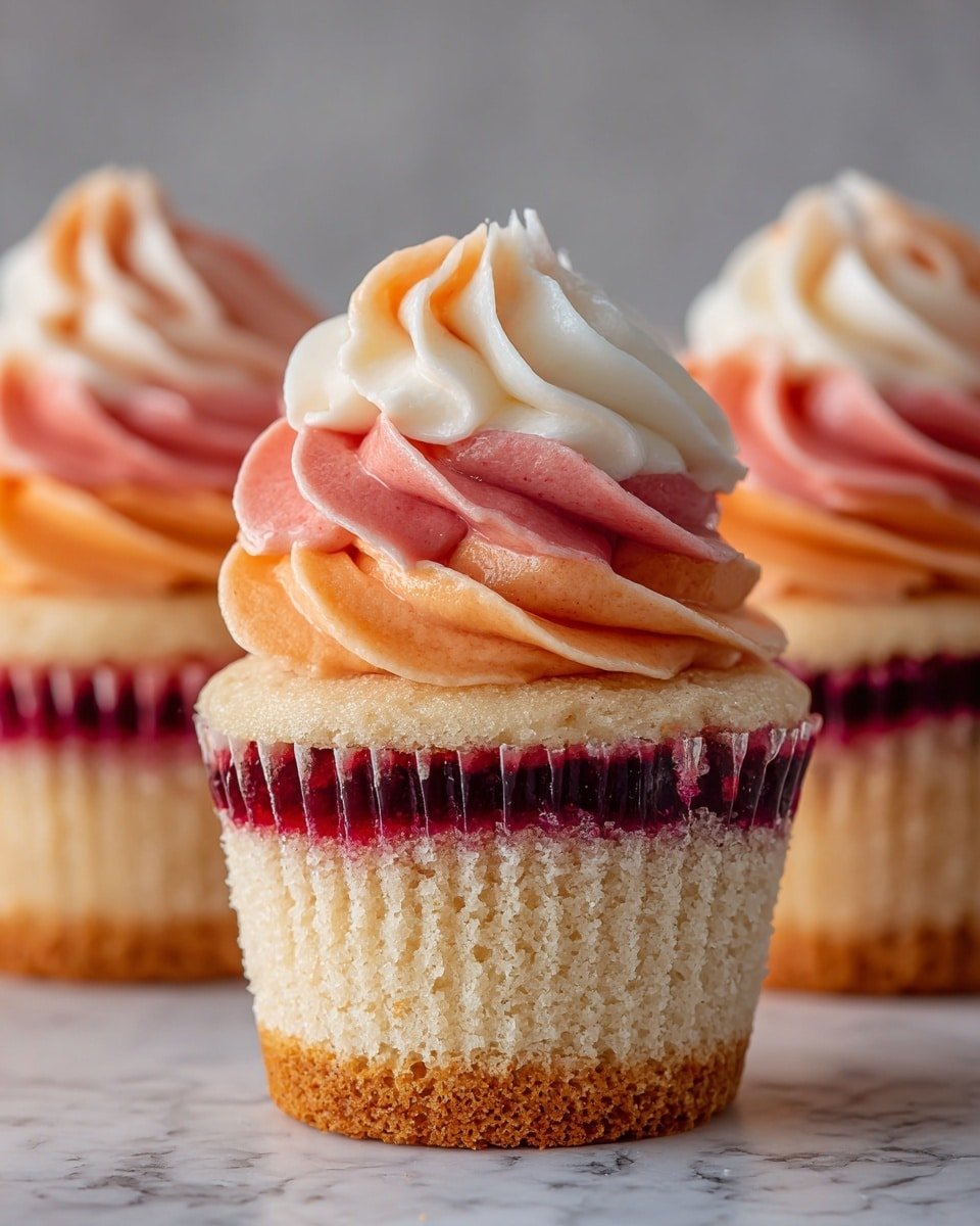 Mango Strawberry Sunset Cupcakes Recipe - Recipe Image — Mango Strawberry Sunset Cupcakes, tropical fruit cupcakes, colorful dessert recipes, easy summer cupcakes, fruity celebration treats