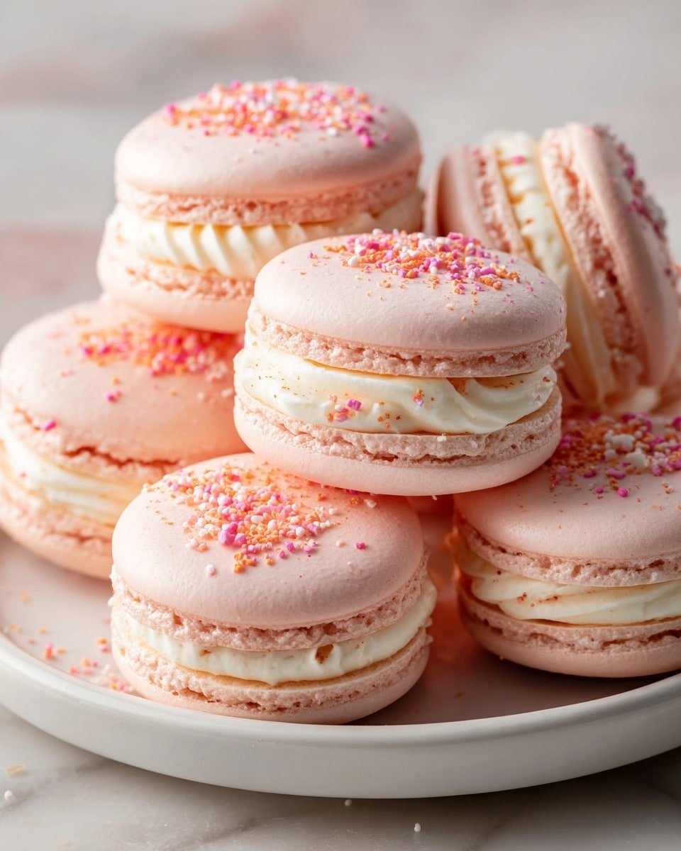 Strawberry Cheesecake Macarons Recipe - Recipe Image — Strawberry Cheesecake Macarons, strawberry macaron recipe, cheesecake macarons, easy French macarons, tasty berry filled desserts