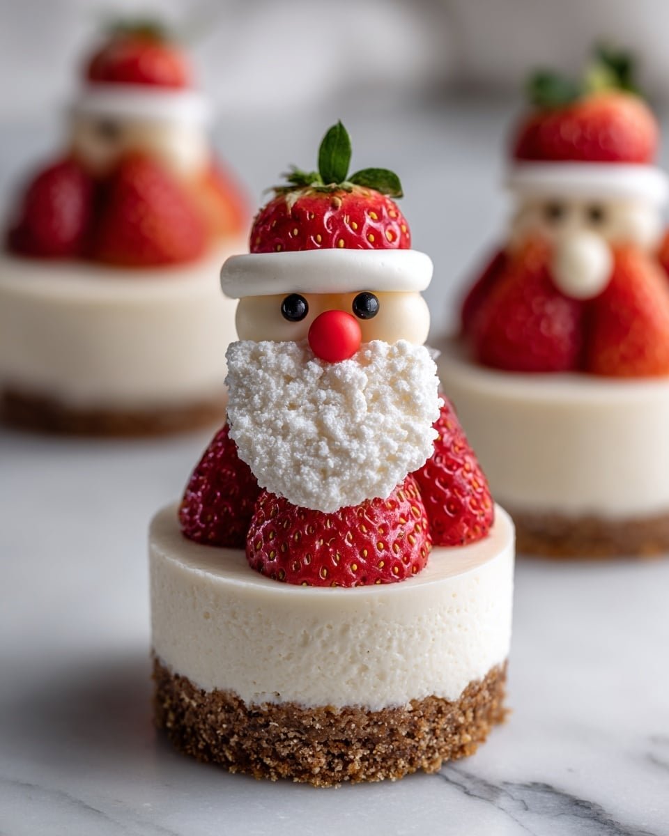 No-Bake Mini Santa Cheesecakes Recipe - Recipe Image — No-Bake Mini Santa Cheesecakes, festive mini cheesecakes, holiday no-bake desserts, Christmas cheesecake ideas, easy Christmas treats
