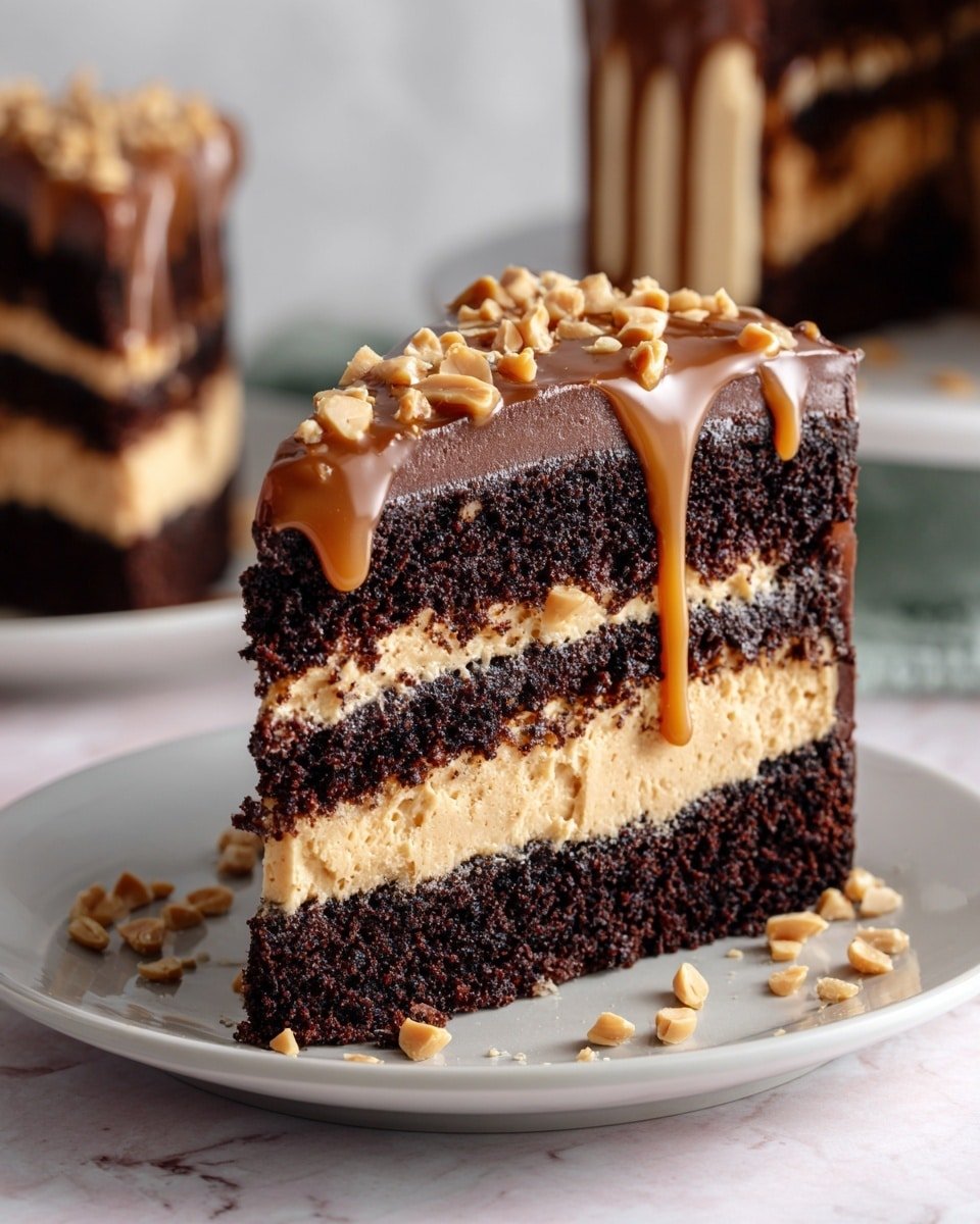A slice of dark chocolate cake with three main layers sits on a white plate on a white marbled surface. The bottom and top layers are thick, moist, dark chocolate cake. Between them are two layers of creamy, light tan filling mixed with small peanut pieces. The top layer of the cake is smooth, dark chocolate frosting with caramel sauce dripping down the side, and chopped peanuts scattered over the top and on the plate. In the background, another similar slice is slightly out of focus. Photo taken with an iphone --ar 4:5 --v 7 — Chocolate Snickers Cake, Snickers-inspired chocolate cake, decadent layered dessert, homemade Snickers cake, easy indulgent chocolate cake