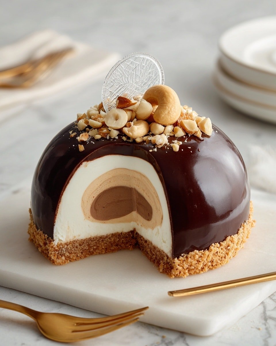 The image shows a round dessert cut in half to reveal four layers: the bottom layer is light brown and crumbly like a biscuit base, above it is a thick medium brown creamy layer, then a thick white creamy layer with caramel swirls inside, all covered by a shiny dark brown chocolate glaze. On top of the dessert are a few whole cashew nuts and a delicate, transparent sugar decoration that looks like a web. Two more desserts are in the background, slightly blurred, on a white marbled surface, with a silver fork beside the front dessert. Photo taken with an iphone --ar 4:5 --v 7 — Sugar-Free Chocolate Mousse Cakes with Cookie Bottoms and Decorative Toppings, healthy chocolate mousse recipes, sugar-free dessert ideas, guilt-free chocolate cakes, elegant mini chocolate desserts