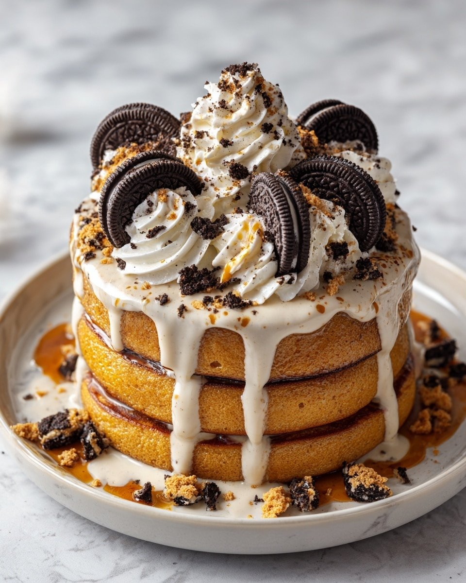The image shows a stack of four golden-brown pancakes on a white plate with a white marbled surface underneath. The pancakes are thick and fluffy, arranged evenly one on top of the other. Creamy white sauce with a smooth texture is poured over the pancakes, dripping down the sides. There is a swirl of whipped cream sitting on the top pancake sprinkled with small dark cookie crumbs. Five whole dark sandwich cookies with patterned tops are placed on the whipped cream and sauce, with extra crumbs and cookie pieces scattered around the plate. The whole dish looks rich and inviting. photo taken with an iphone --ar 4:5 --v 7 — Oreo Pancakes with Cream Cheese Drizzle, Oreo Pancakes, fluffy Oreo pancakes, breakfast with Oreo cookies, easy Oreo pancake recipe