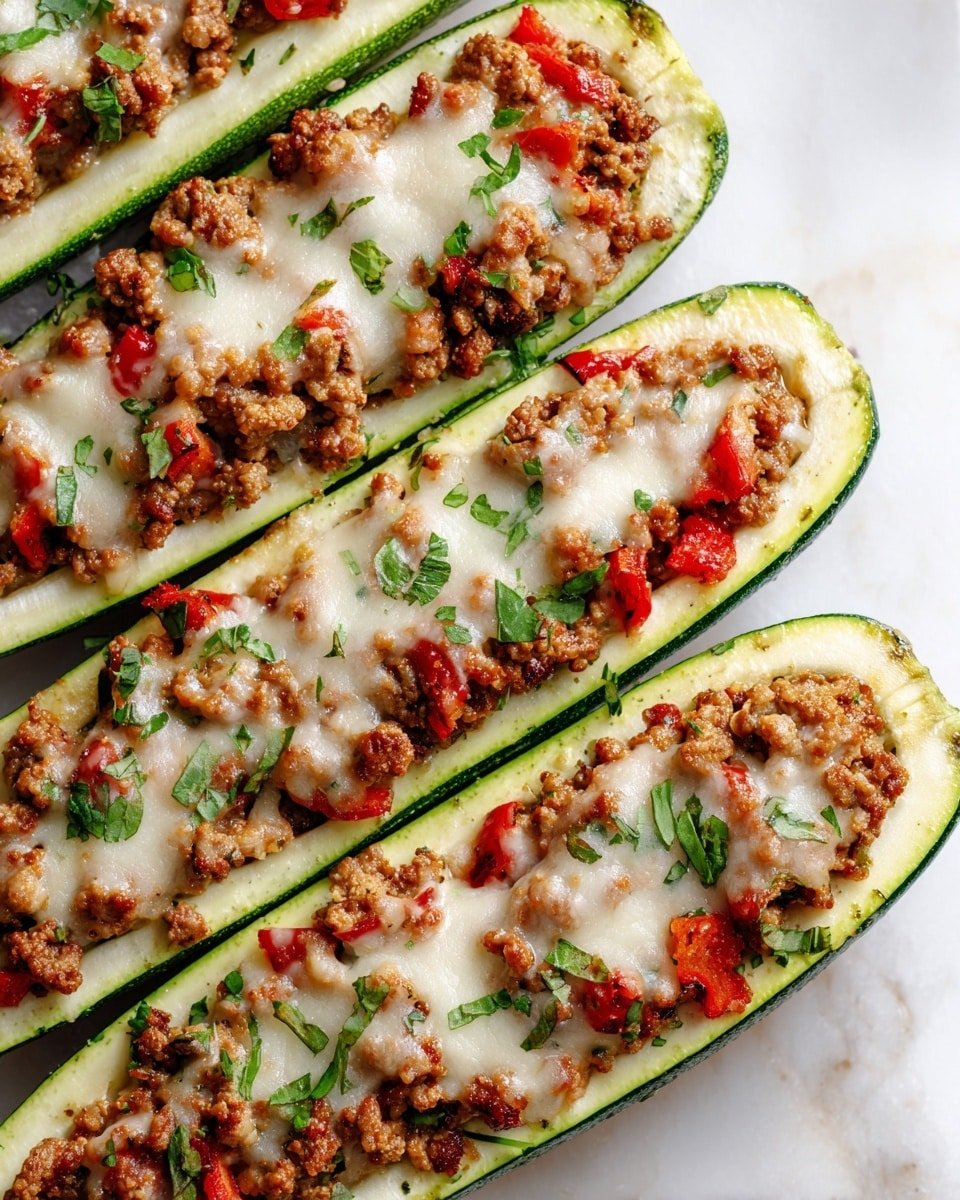 Stuffed Cheese Zucchini Boats Recipe - Recipe Image — Stuffed Cheese Zucchini Boats, cheesy zucchini boats with meat, savory stuffed zucchini recipe, low-carb zucchini meal, easy stuffed vegetable dinner