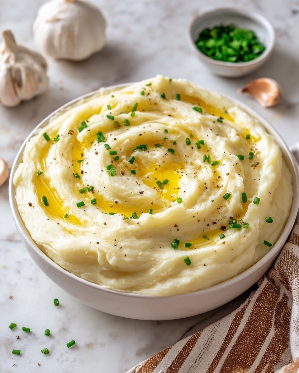 The image shows a large white bowl filled with smooth, creamy mashed potatoes that have soft, swirling ridges on the surface. The top layer is pale yellow with a shiny drizzle of melted butter pooled in the center and spreading slightly outward. Small green chive pieces are scattered evenly on top, adding a fresh pop of color, while tiny black pepper bits are lightly sprinkled across the potatoes. The bowl is placed on a white marbled surface with some garlic bulbs to the left and a small container of chives below. A brown and white striped cloth is partially visible on the right side. The photo taken with an iphone --ar 4:5 --v 7 — Gordon Ramsay Perfect Mashed Potatoes, creamy mashed potatoes recipe, buttery mashed potato side dish, easy mashed potatoes tutorial, luxurious mashed potato recipe