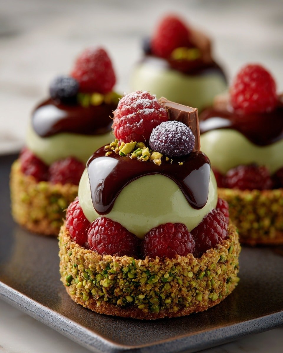 Pistachio & Raspberry Cheesecake Domes Recipe - Recipe Image — Pistachio & Raspberry Cheesecake Domes, pistachio cheesecake, raspberry mousse desserts, elegant cheesecake desserts, mirror glaze cheesecakes