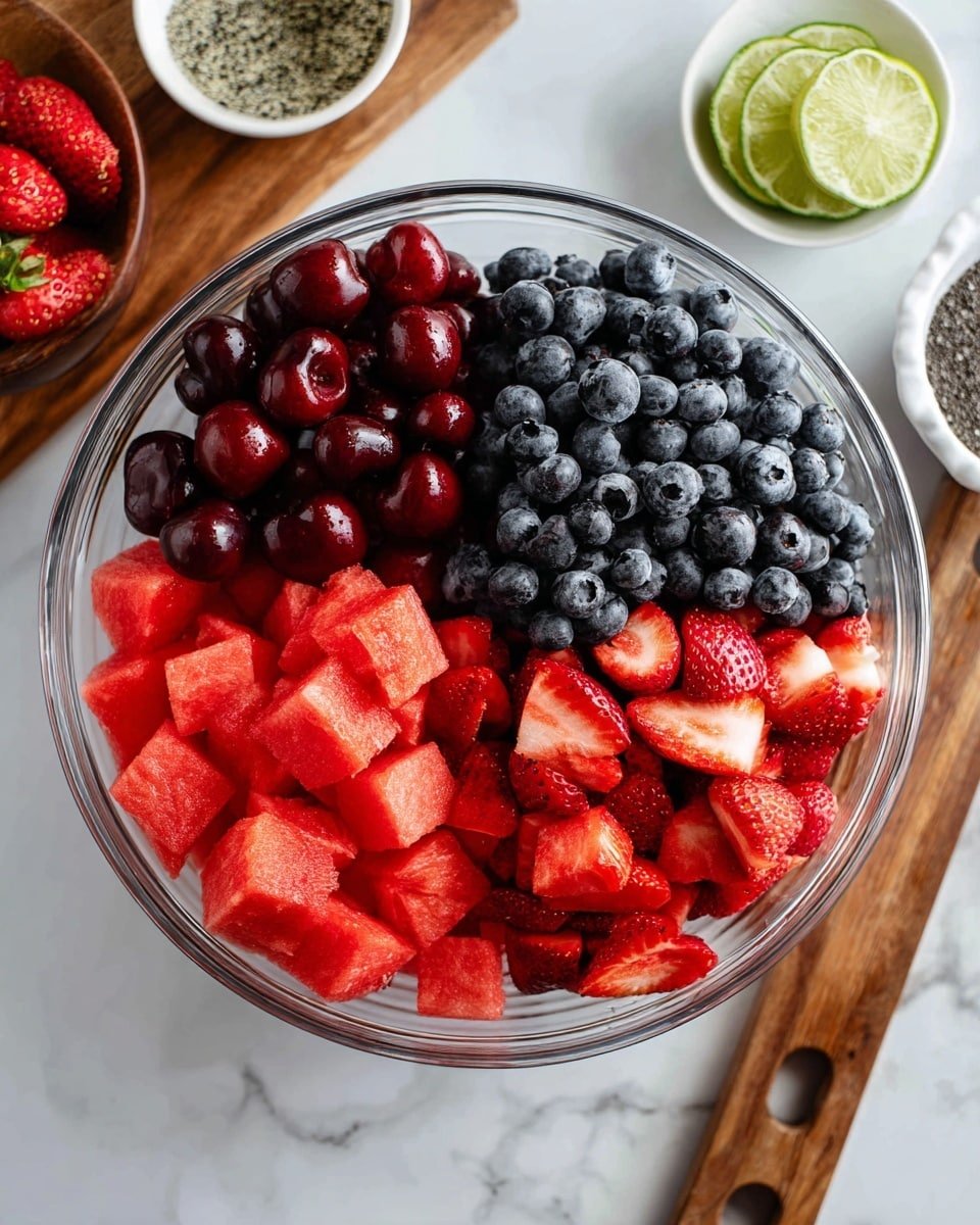 Mixed Berry Salad with Honey Lime Poppyseed Dressing Recipe - Recipe Image — Mixed Berry Salad with Honey Lime Poppyseed Dressing, summer berry salad, fresh fruit salad with honey lime dressing, healthy berry fruit salad, easy fruit salad recipes