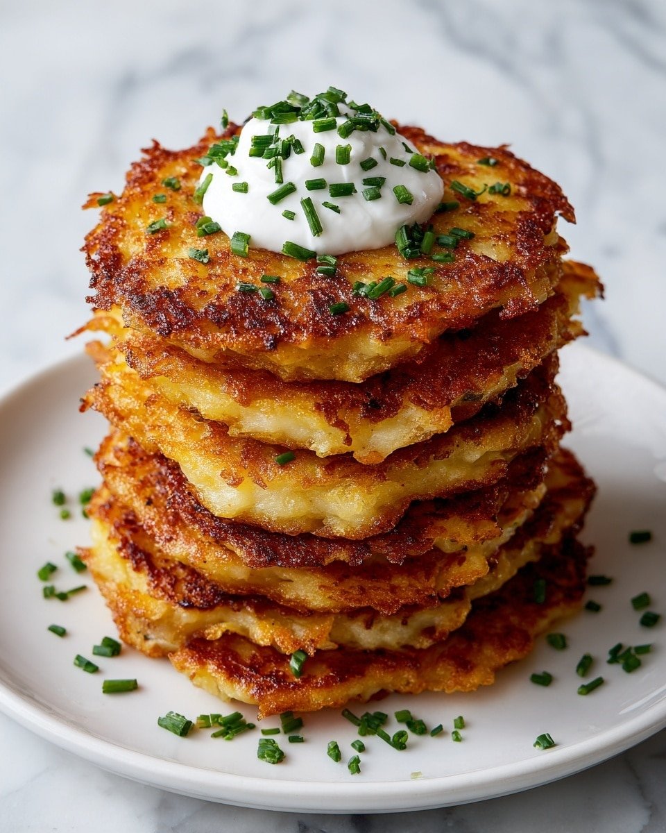 A stack of seven golden-brown crispy potato pancakes is arranged on a white plate, each pancake showing a textured surface with some crunchy edges and a slightly irregular shape. The pancakes have a rich, warm color with crispy, browned bits on the outside. On top of the stack, there is a dollop of white sour cream with small green chopped herbs sprinkled all over the pancakes and sour cream. The plate sits on a white marbled surface, and the image is taken close-up to show the detail and texture of the pancakes. photo taken with an iphone --ar 4:5 --v 7 — Amish Onion Fritters, Onion Fritters Recipe, Amish side dishes, easy onion fritters, comfort food recipes