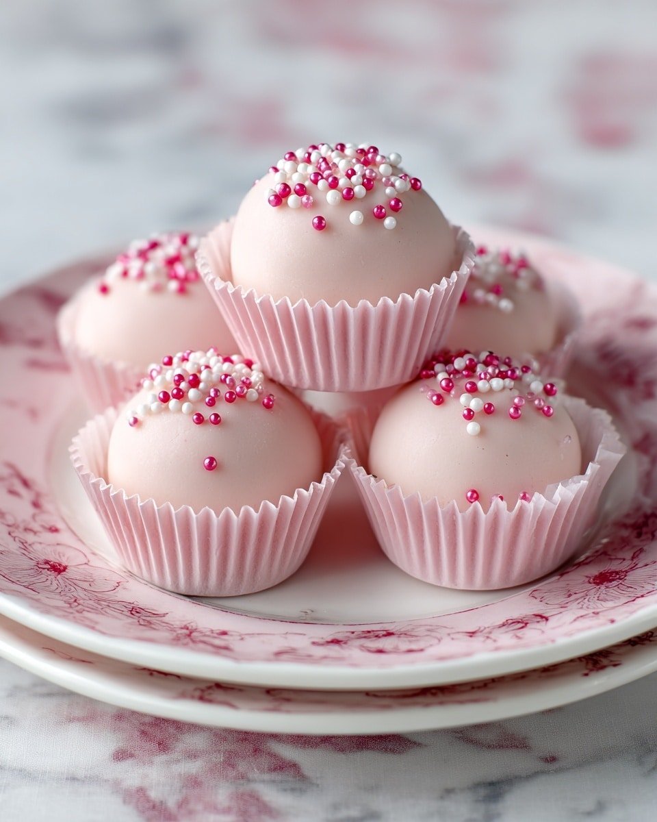 The image shows six round pink desserts, each placed in a pink pleated paper cup. Each dessert is smooth and shiny with small white pearl-like sprinkles scattered all over the top, and a light dusting of white powder adds texture. They are arranged close together on a white plate with a delicate pink floral pattern around the edge. The background is softly blurred with green and white tones, and the plate sits on a white marbled surface. photo taken with an iphone --ar 4:5 --v 7 — Creamy Strawberry Truffles, Strawberry Truffles, White Chocolate Strawberry Treats, Melting Fruit Truffles, Easy Strawberry Dessert