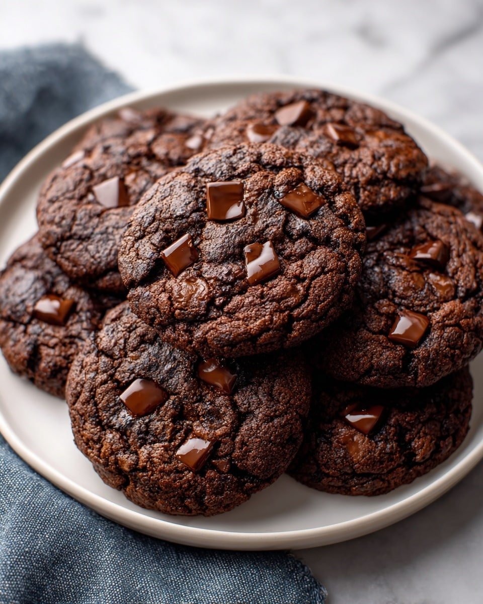 Double Chocolate Chip Cookies Recipe - Recipe Image — Double Chocolate Chip Cookies, chocolate cookie recipes, chewy chocolate cookies, fudgy chocolate cookies, homemade chocolate chip cookies