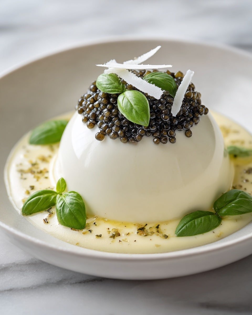 Parmesan Panna Cotta with Balsamic Caviar Pearls Recipe - Recipe Image — Parmesan Panna Cotta with Balsamic Caviar Pearls, savory panna cotta recipes, elegant dessert ideas, balsamic pearl appetizers, sophisticated dessert with balsamic