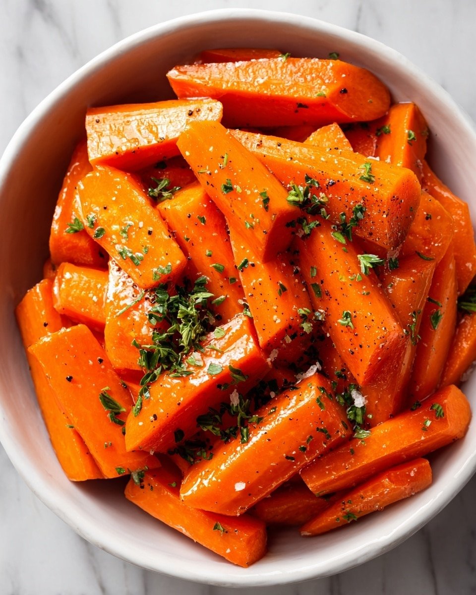 The image shows a close-up of a dark pan filled with sliced cooked carrots. The carrots are bright orange with some pieces having a yellowish tint, and all are coated with a shiny glaze and sprinkled with green herbs for garnish. The carrots have a soft texture with visible moisture making them look juicy. Inside the pan, there is a wooden spoon resting on the right side, slightly coated with the carrot glaze. The pan sits on a white marbled surface, and a red and white striped cloth is partially visible on the top left side. Photo taken with an iphone --ar 4:5 --v 7 — Brown Sugar Glazed Carrots, glazed carrots recipe, sweet carrot side dish, easy carrot glaze, holiday carrot side dish