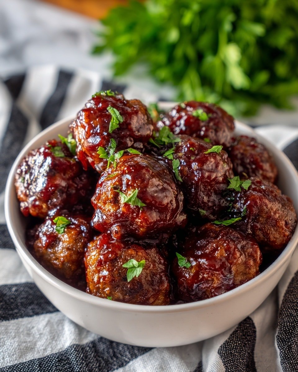 A white bowl filled with round meatballs covered in a thick, shiny dark red sauce, arranged close together and garnished with small green herb pieces scattered evenly on top. The bowl sits on a white marbled surface with two red Christmas ornaments and green pine leaves placed to the top left side, adding a festive touch. A white cloth is partially visible to the bottom left corner. Photo taken with an iphone --ar 4:5 --v 7 — Cranberry Meatballs, Cranberry Meatballs Slow Cooker, Easy Cranberry Meatballs, Savory Cranberry Meatballs, Festive Meatball Appetizer