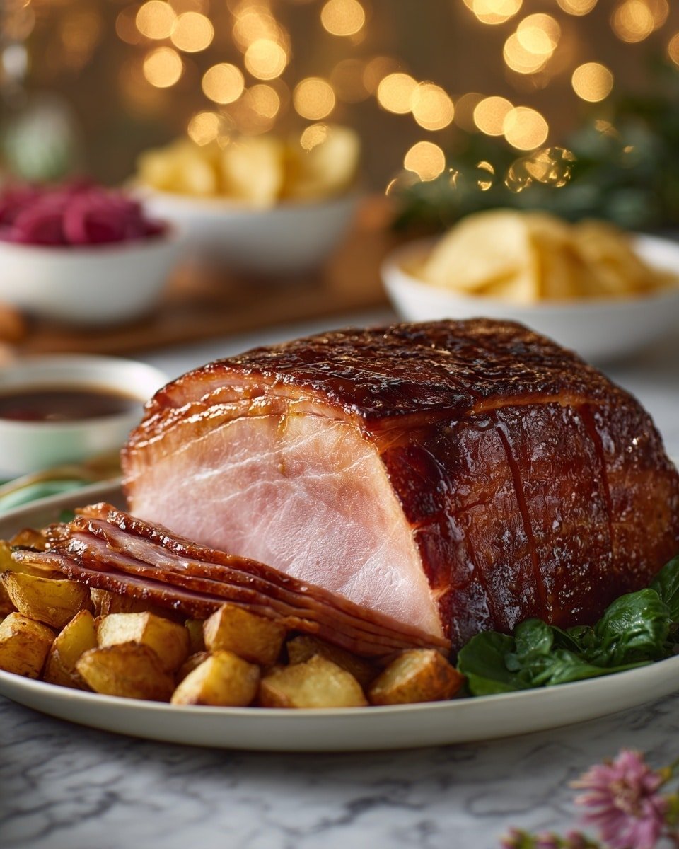 A large piece of roasted ham sits in the center of a white plate, showing a shiny dark brown glazed outside layer with thin slices cut off the right side to reveal a light pink and smooth textured inside layer; small golden browned cubed potatoes surround the ham on the left and bottom edges of the plate, adding a contrasting chunky texture; sprigs of dark green leafy herbs are placed near the bottom right side of the plate, providing a fresh accent; in the blurred background, side dishes including red radish pieces in a white bowl and yellow potato chips in another white bowl appear on a white marbled surface, with warm twinkling lights adding a cozy atmosphere; photo taken with an iphone --ar 4:5 --v 7 — Easy AF Honey Baked Ham, honey glazed ham recipe, holiday ham ideas, simple baked ham, juicy honey ham