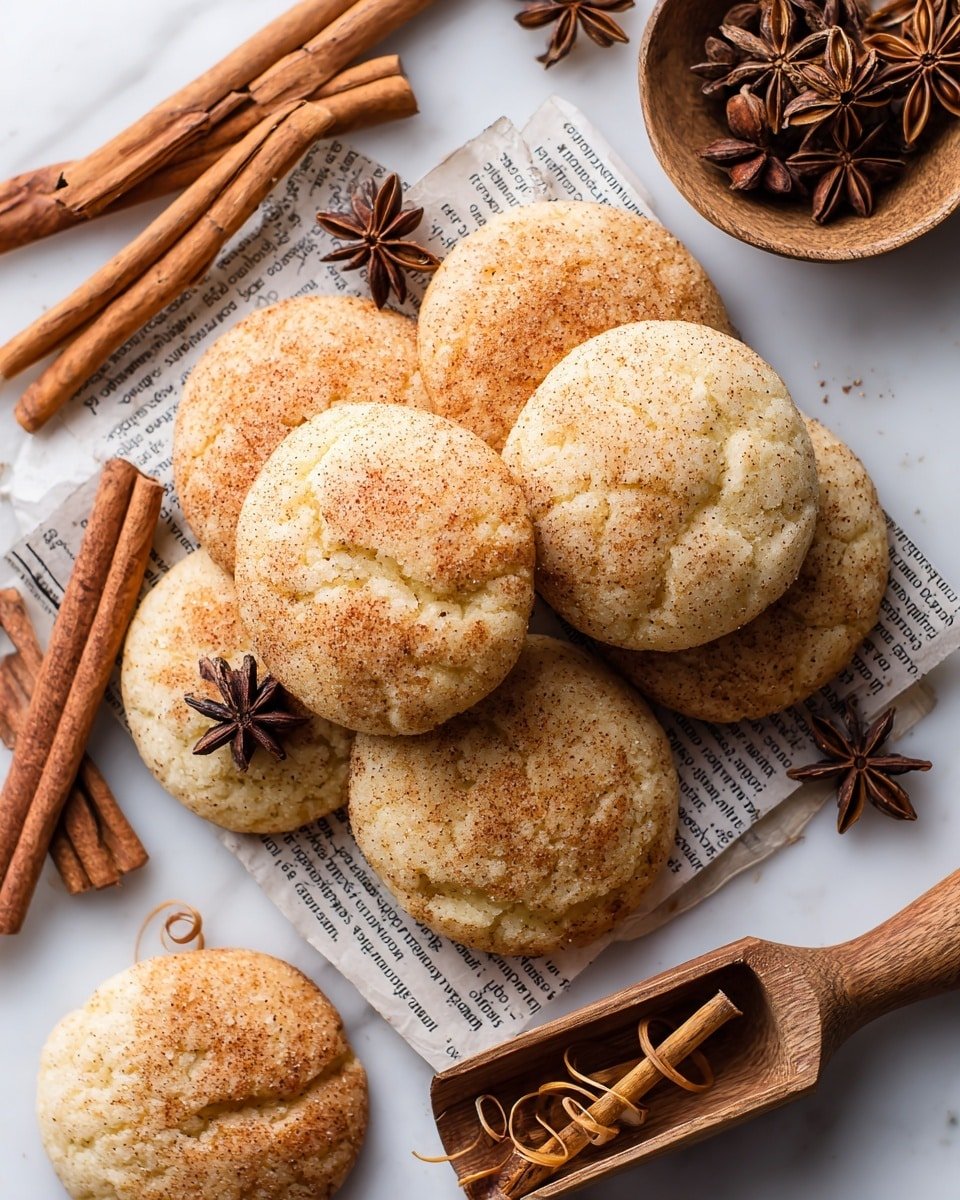 A pile of soft, round cookies with a light golden-brown color and a slightly cracked surface cover a layer of newspaper on a white marbled texture. The cookies have a dusting of cinnamon sugar that gives them a warm, speckled look. Positioned around the cookies are cinnamon sticks and a small wooden bowl filled with star anise, adding a rustic feel. A wooden scoop with curled cinnamon sticks is placed at the bottom right, close to the cookies. The image is brightly lit, highlighting the texture and warmth of the cookies and spices, photo taken with an iphone --ar 4:5 --v 7 — Snickerdoodle Cookies with Cinnamon Sugar Topping, cinnamon sugar cookie recipe, homemade Snickerdoodles, soft chewy cinnamon cookies, classic Snickerdoodle dessert