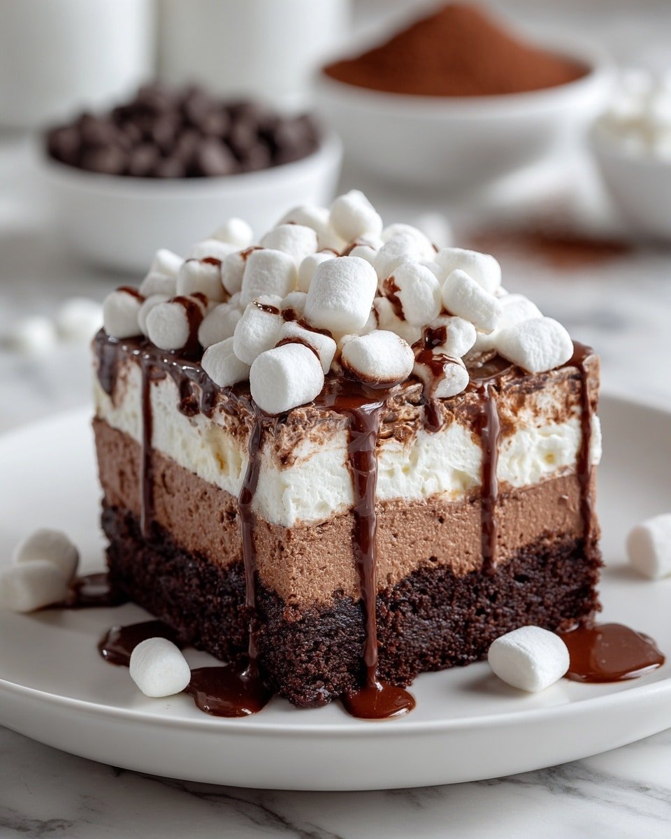 The image shows a square slice of layered chocolate dessert on a white plate. The dessert has four visible layers: a dark chocolate base at the bottom, a thick middle layer of lighter chocolate mousse, a top layer of chocolate mixed with small marshmallows, and a pile of white mini marshmallows on top. A drizzle of melted dark chocolate runs down the side, mixing with the marshmallows. A few mini marshmallows are scattered on the plate. The background is a white marbled texture with blurred bowls of cocoa powder and chocolate chips. photo taken with an iphone --ar 4:5 --v 7 — Hot Chocolate Fudge, hot chocolate fudge recipe, decadent fudge, chocolate fudge dessert, easy fudge recipes