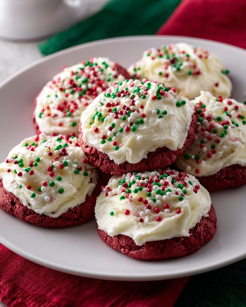 The image shows a white plate that holds six round red cookies, each topped with a thick, uneven layer of white frosting. On top of the frosting, there are scattered red, green, and white round sprinkles, giving a festive look. The cookies are placed closely together with some overlapping. Part of a green surface and a red cloth under the plate are slightly visible, but the main focus is on the colorful cookies. photo taken with an iphone --ar 4:5 --v 7 — Lofthouse Cookies, Soft Sugar Cookies, Colorful Frosting Cookies, Easy Holiday Cookies, Nostalgic Cookie Recipes