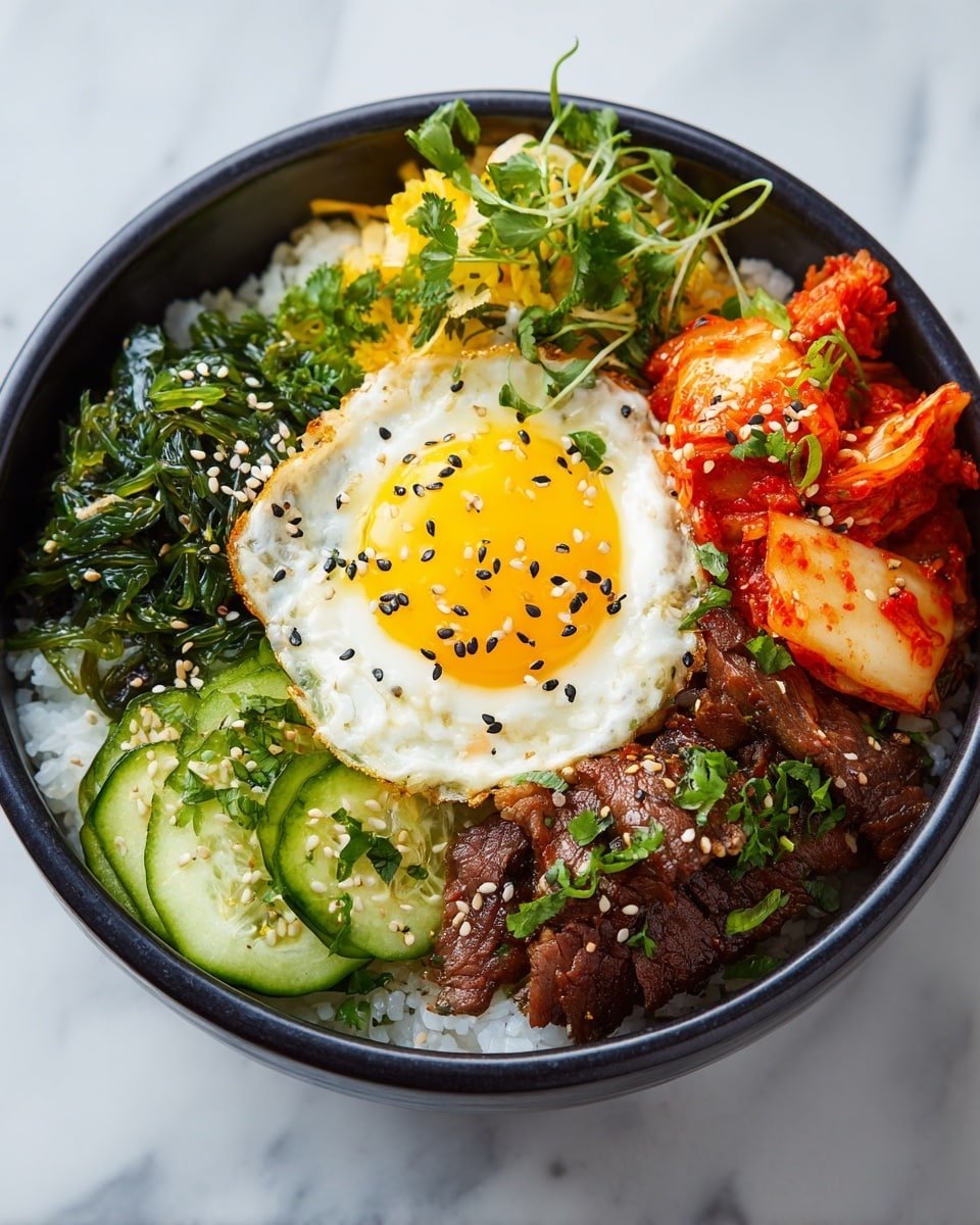 Easy Korean Beef Bibimbap Recipe That Bursts With Flavor Recipe - Recipe Image — Easy Korean Beef Bibimbap, Korean Beef Bibimbap, Bibimbap with Marinated Beef, Korean Rice Bowl, Flavorful Bibimbap Recipe