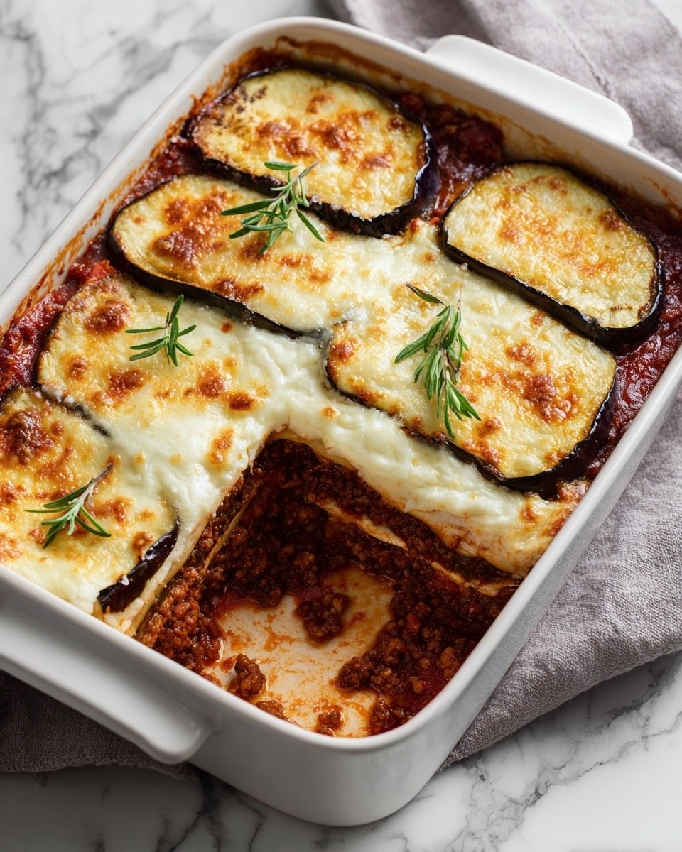 Classic Greek Eggplant Moussaka Recipe - Recipe Image — Greek Eggplant Moussaka, authentic Greek moussaka, hearty Mediterranean dinner, eggplant casserole, savory baked eggplant dish
