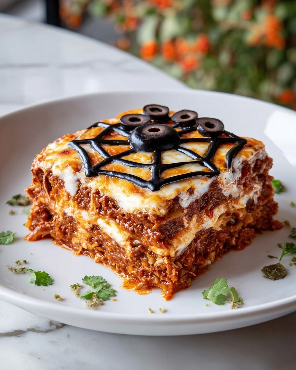 Spiderweb Taco Dip Recipe - Recipe Image — Spiderweb Taco Dip, festive taco dip, easy appetizer recipes, game day party snack, cheesy layered dip