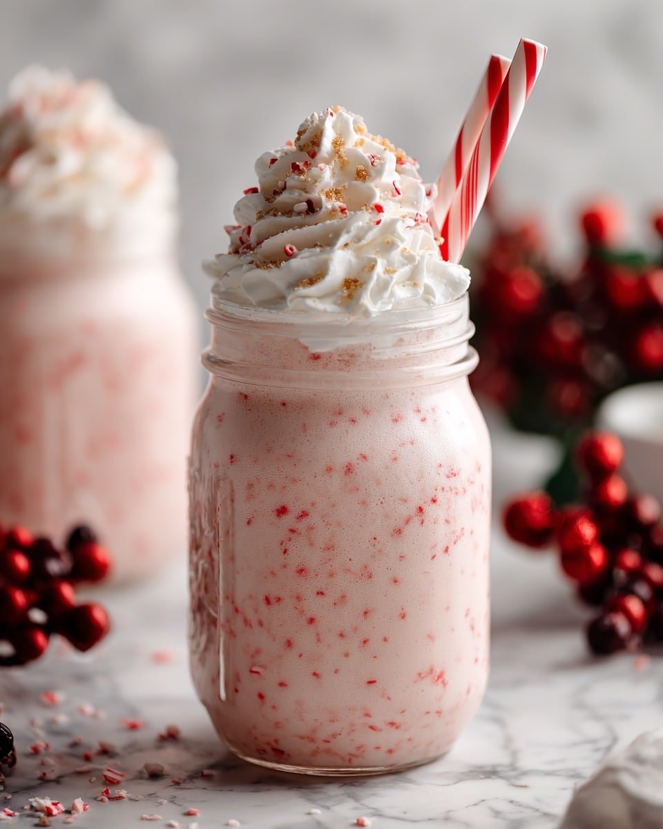 Candy Cane Milkshakes Recipe - Recipe Image — Candy Cane Milkshakes, festive peppermint milkshake, Christmas dessert drinks, holiday milkshake recipes, easy peppermint milkshake