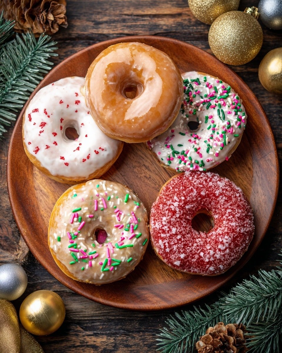Christmas Donuts Recipe - Recipe Image — Christmas Donuts, festive holiday donuts, cinnamon nutmeg donuts, holiday dessert recipes, Christmas baked goods