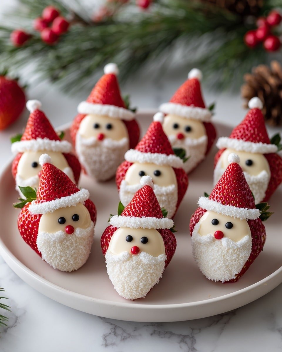 Strawberry Santas Recipe - Recipe Image — Strawberry Santas, festive strawberry snacks, no-bake holiday treats, cute holiday fruit ideas, easy holiday party recipes