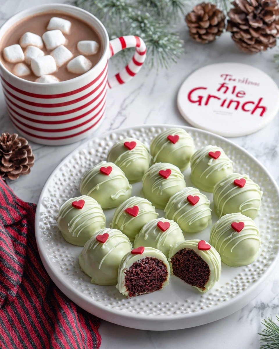 Grinch Red Velvet Oreo Balls Recipe - Recipe Image — Grinch Red Velvet Oreo Balls, festive holiday treats, Christmas dessert ideas, green coating Oreo balls, easy holiday sweet recipes