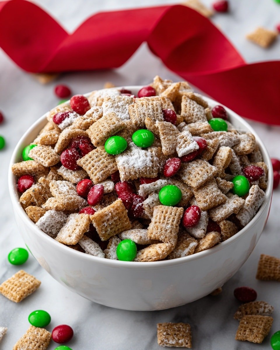 Christmas Puppy Chow Recipe - Recipe Image — Christmas Puppy Chow, Christmas Puppy Chow recipe, holiday snack mix, festive chocolate treat, easy Christmas treats