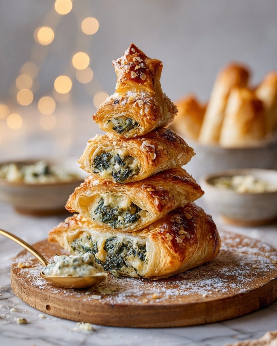 The image shows a golden-brown twisted bread shaped like a Christmas tree with seven horizontal layers. Each layer is twisted to reveal dark green spinach filling inside, creating a contrast between the shiny golden-brown soft bread and the textured spinach layer. The base layer is the widest, and layers get smaller as they go up, forming a triangular tree shape. The bread rests on white parchment paper over a wooden board, surrounded by pinecones and green pine branches dusted lightly with snow on a white marbled surface. Photo taken with an iphone --ar 4:5 --v 7 — Christmas Tree Spinach Dip Breadsticks, festive appetizer recipes, holiday party finger foods, easy Christmas appetizers, cheesy breadstick charms