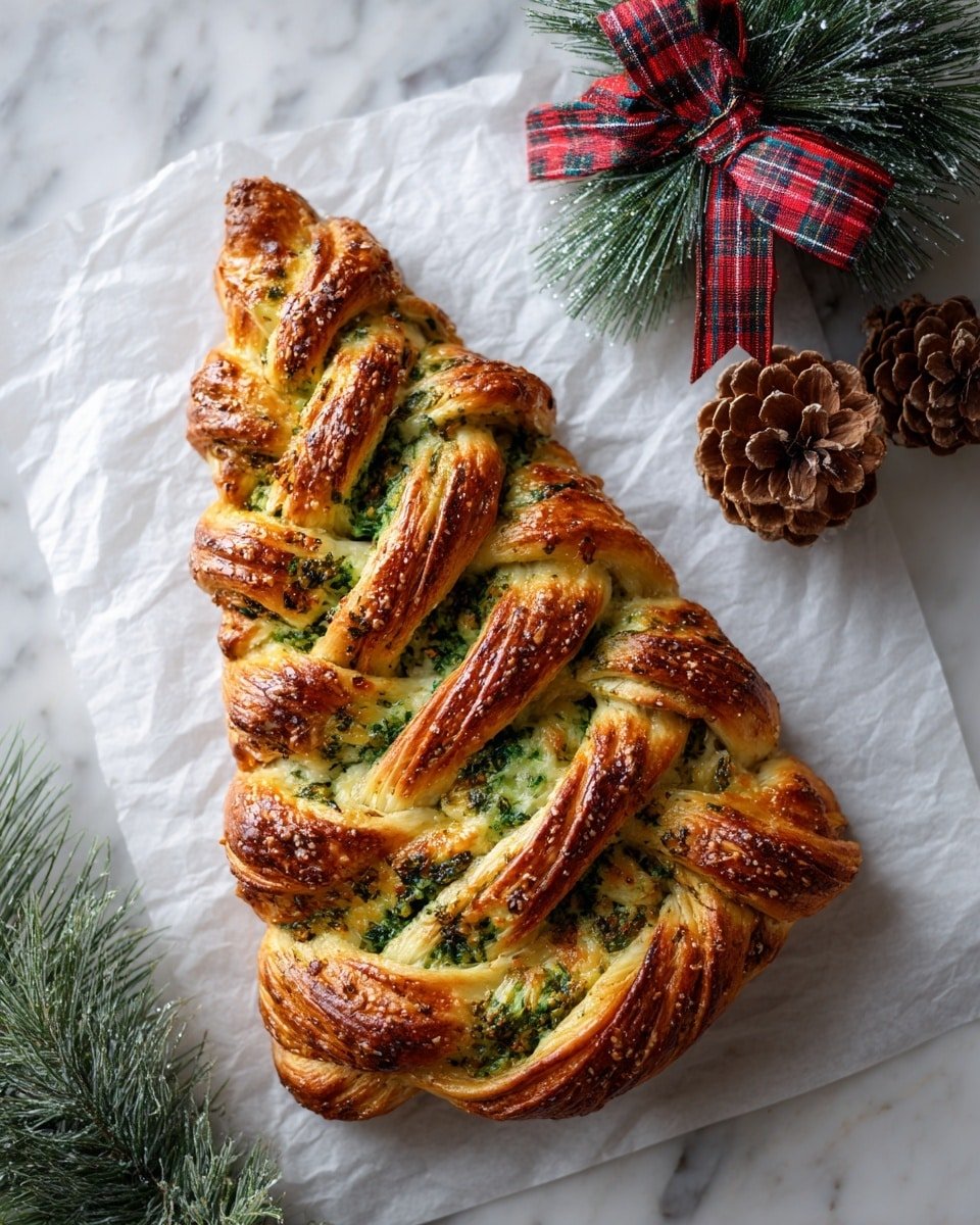 The image shows a Christmas tree-shaped twisted bread pastry placed on white parchment paper over a white marbled surface. The pastry has multiple layers of golden brown dough with visible layers of green herb filling twisted in alternating sections to form a textured, three-dimensional effect. The top layer is shiny and slightly crispy, highlighting the crisp baked edges and the soft inner dough. To the upper right of the bread, there are two brown pinecones and some green pine branches tied with a red and black plaid ribbon, adding a festive touch. Photo taken with an iphone --ar 4:5 --v 7 — Christmas Tree Spinach Dip Breadsticks, festive appetizer recipes, holiday party finger foods, easy Christmas appetizers, cheesy breadstick charms