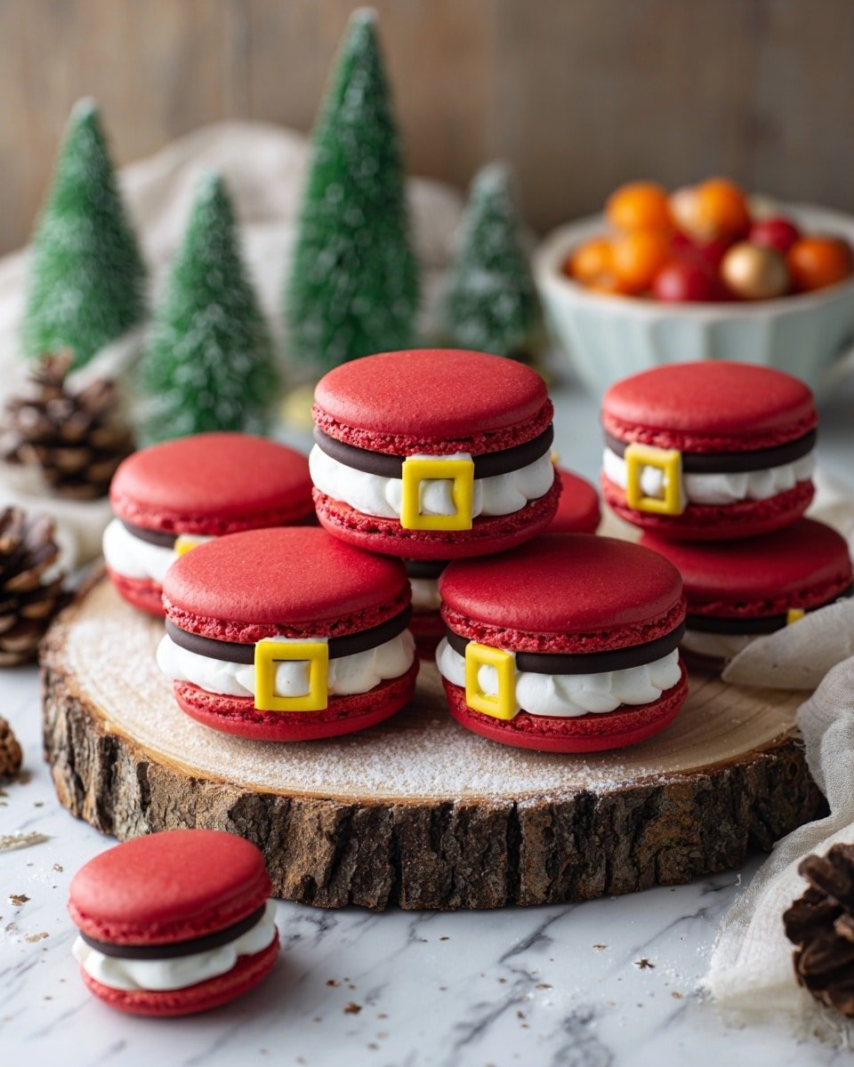 The image shows many round macarons stacked closely together on a wooden slice placed on a white marbled surface. Each macaron has two bright red shells with a smooth texture and slight shine, sandwiching a thick layer of white cream filling in the middle. Across the top shell of each macaron, a thin black icing line runs horizontally, resembling a belt, and a small yellow square buckle made of icing is placed at the center of the black line. The macarons are slightly dusted with white crumbs. The focus is sharp on the front macarons, making the red, black, yellow, and white colors very clear and vibrant. photo taken with an iphone --ar 4:5 --v 7 — Santa Claus Macarons, Christmas macarons, holiday treats, festive macarons, Santa belt cookies