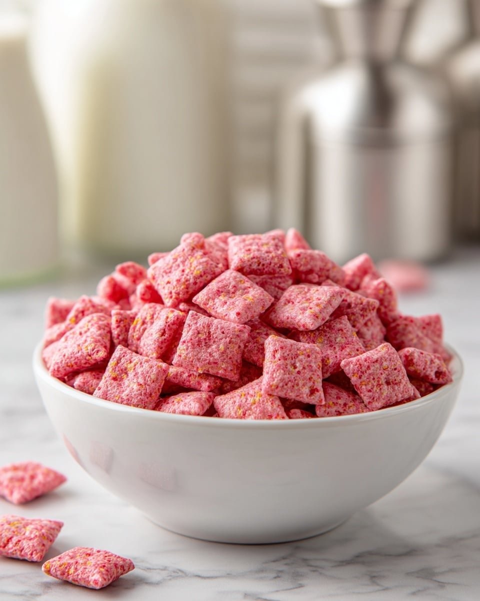 Delicious Strawberry Shortcake Puppy Chow for Sweet Snacking Recipe - Recipe Image — Delicious Strawberry Shortcake Puppy Chow, strawberry shortcake puppy chow snack, sweet puppy chow treat, strawberry cereal snack, colorful puppy chow recipe