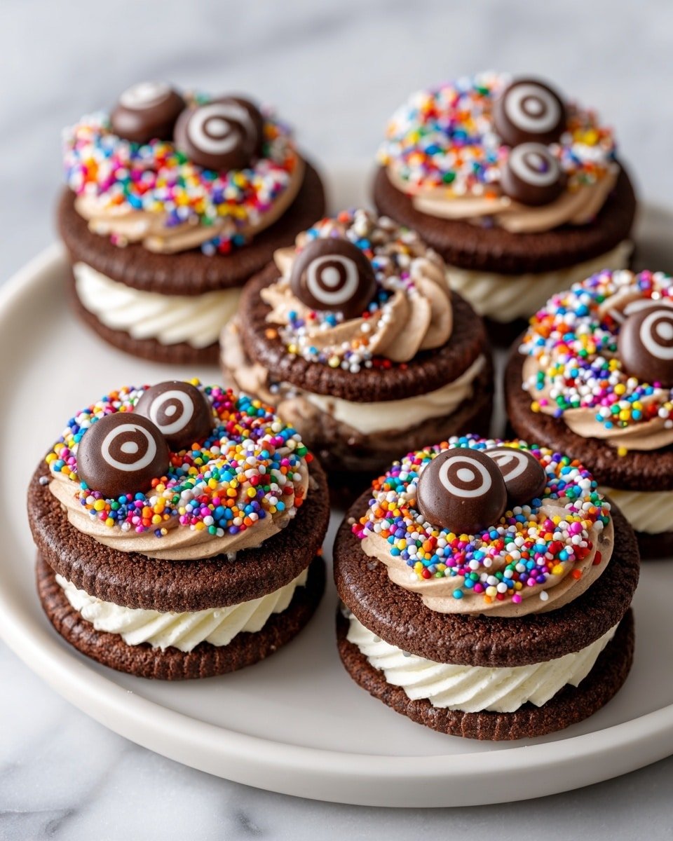 Devil's Food Chocolate Peanut Butter Whoopie Recipe - Recipe Image — Devil's Food Chocolate Peanut Butter Whoopie, chocolate peanut butter whoopie pies, rich chocolate cake with peanut butter filling, easy indulgent dessert recipes, homemade whoopie pie ideas