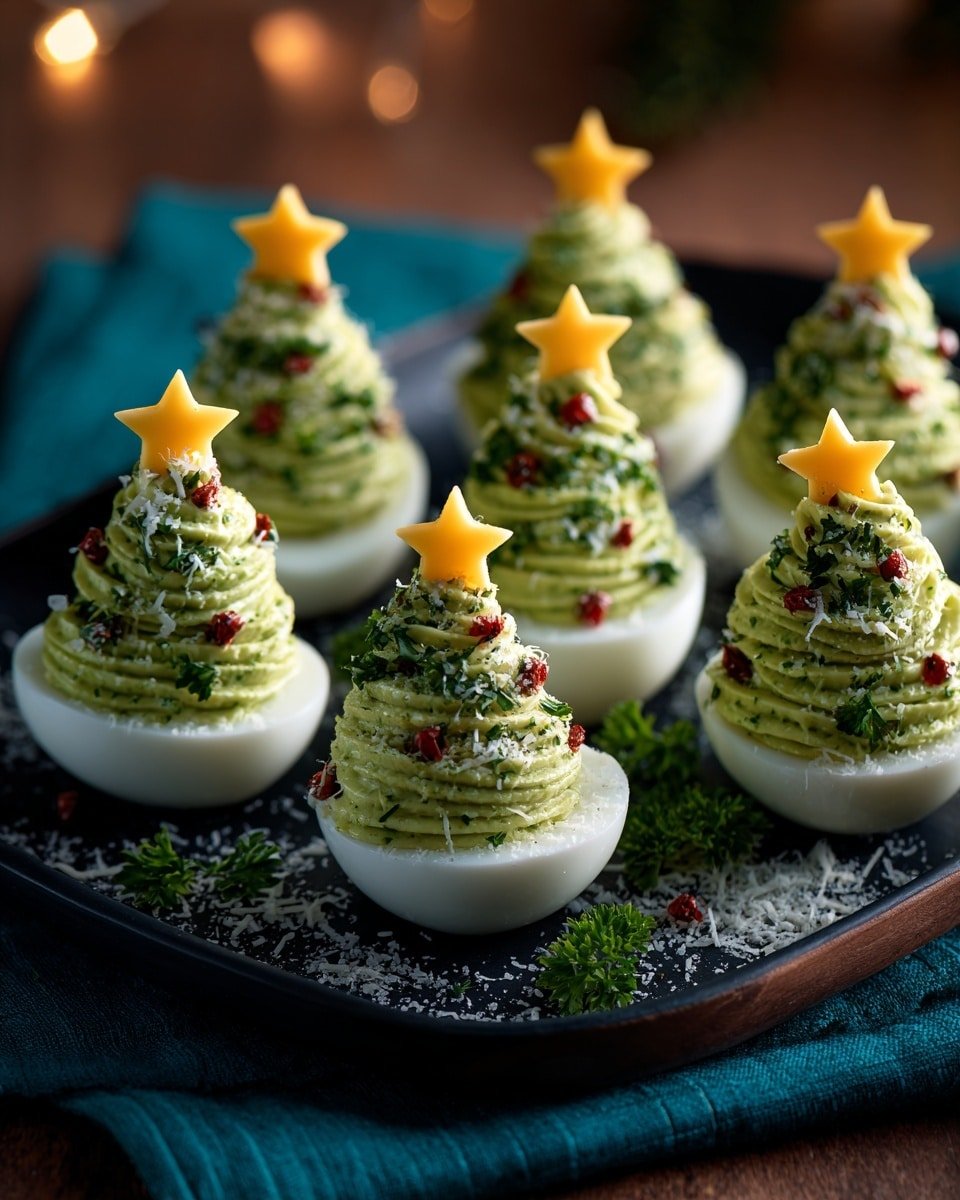 Christmas Tree Deviled Eggs Recipe - Recipe Image — Christmas Tree Deviled Eggs, festive deviled eggs, holiday appetizer ideas, avocado deviled eggs, Christmas party snacks