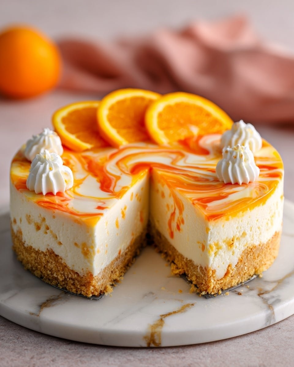 No-Bake Orange Creamsicle Cheesecake Recipe - Recipe Image — No-Bake Orange Creamsicle Cheesecake, orange creamsicle dessert, citrus cheesecake, no-bake cheesecake recipe, easy summer desserts