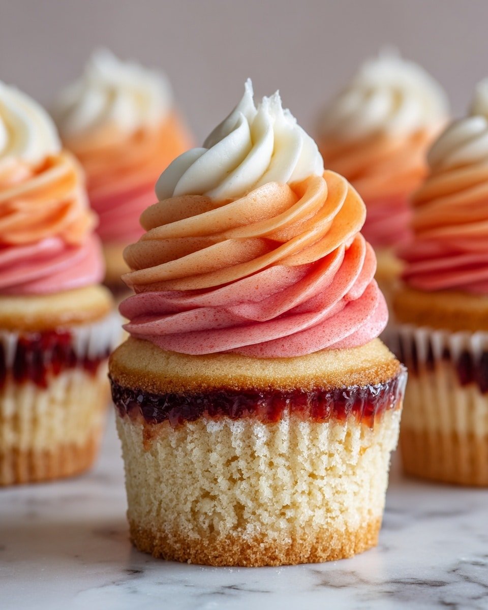 Mango Strawberry Sunset Cupcakes Recipe - Recipe Image — Mango Strawberry Sunset Cupcakes, tropical fruit cupcakes, colorful dessert recipes, easy summer cupcakes, fruity celebration treats