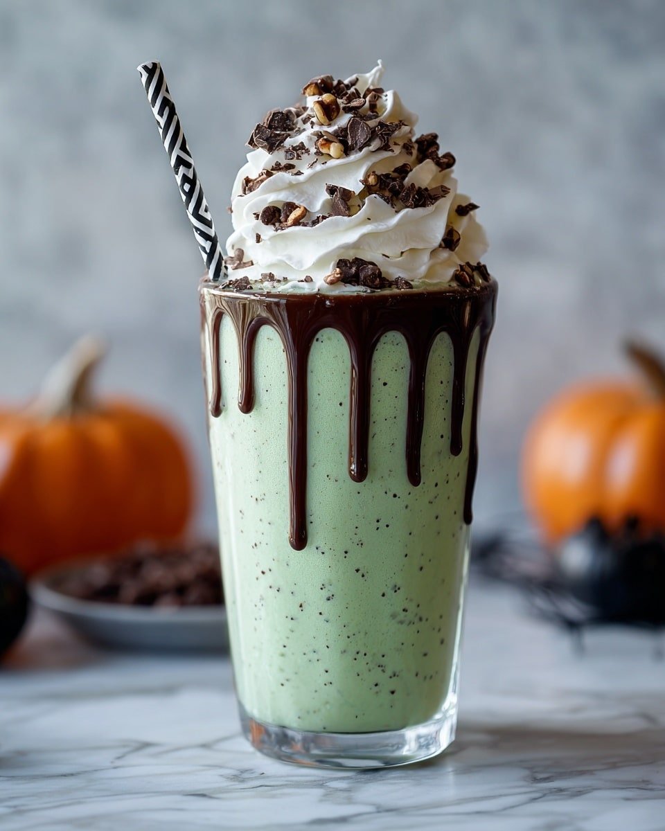 Witch’s Brew Mint Chocolate Milkshake Recipe - Recipe Image — Witch’s Brew Mint Chocolate Milkshake, mint chocolate milkshake recipe, mint chocolate chip milkshake, easy chocolate milkshake, summer milkshake drinks