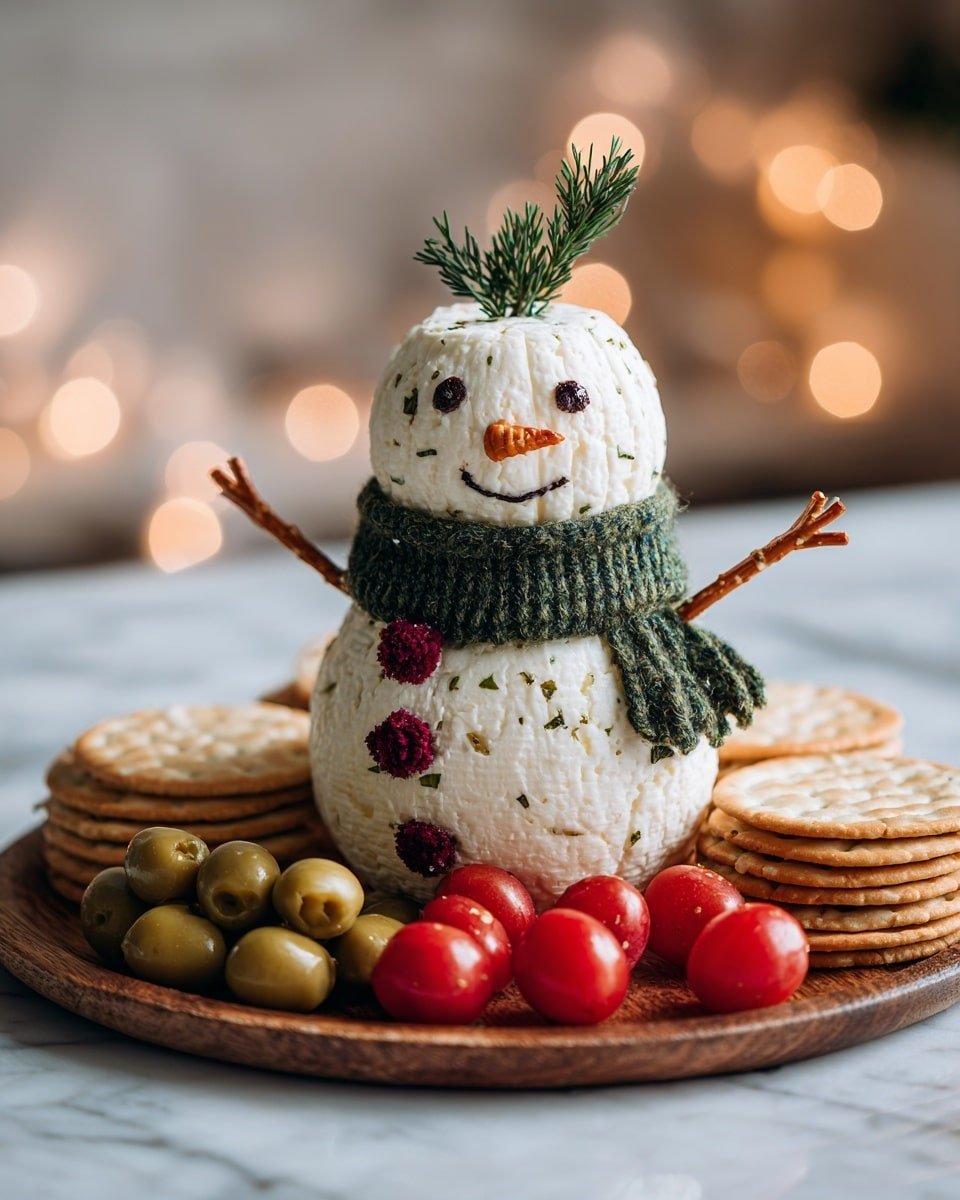 Holiday Snowman Cheese Ball Recipe - Recipe Image — Holiday Snowman Cheese Ball, Christmas cheese ball, festive appetizer, holiday cheese ball recipe, easy holiday party snacks